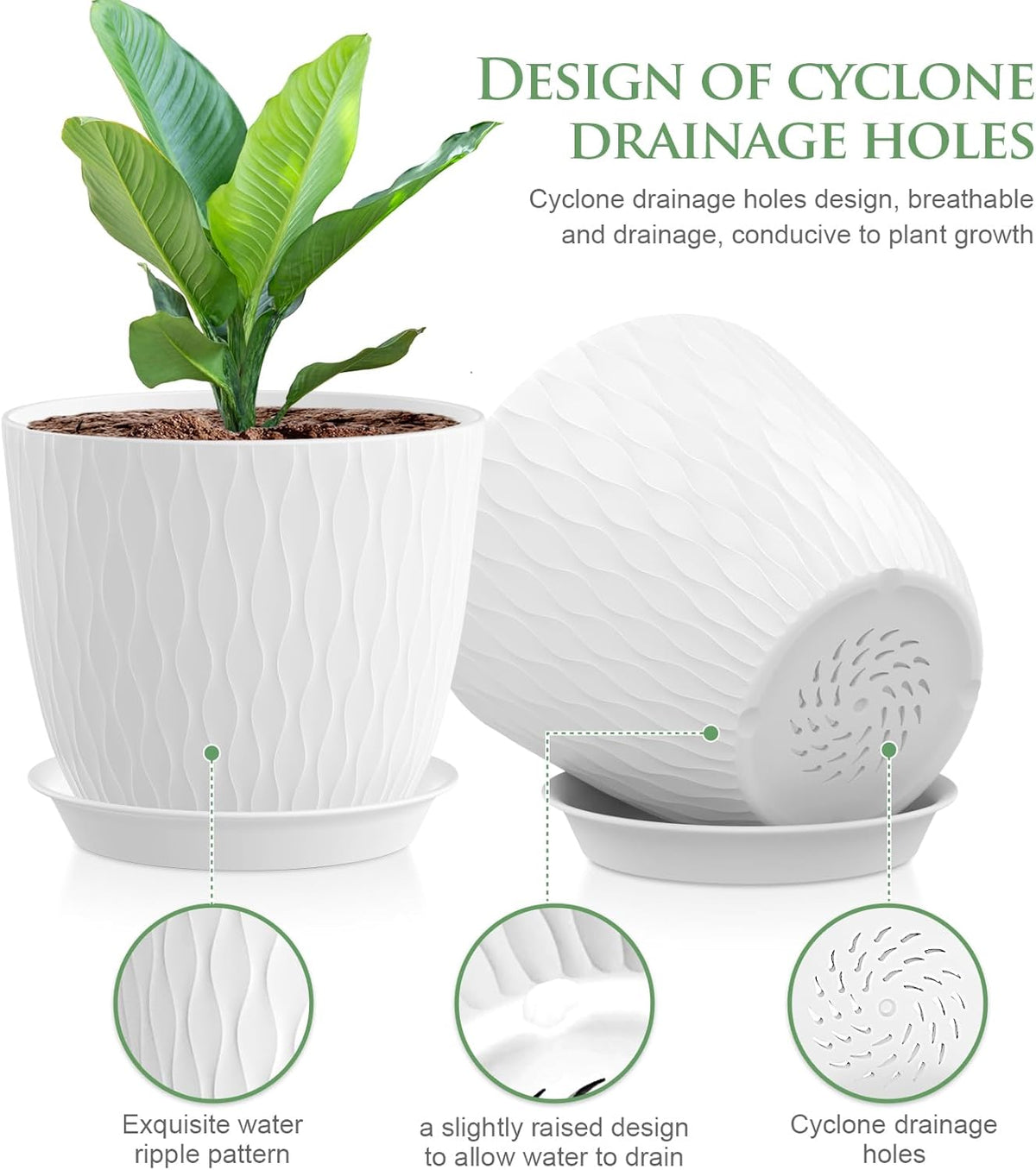 7 inch Plant Pots, 5 Pack Flower Pots with Drainage Holes and Saucers for Indoor Plants, Plastic
