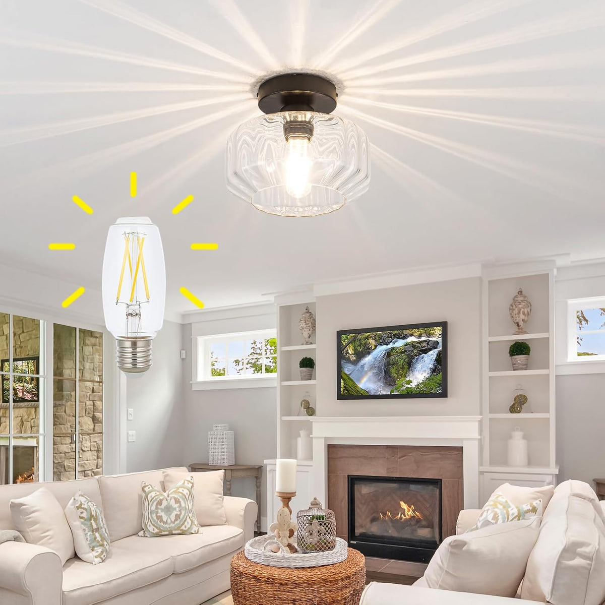 Semi Flush Mount Ceiling Light with Hexagonal Diamond Textured Glass, Matte Black Base & Includes