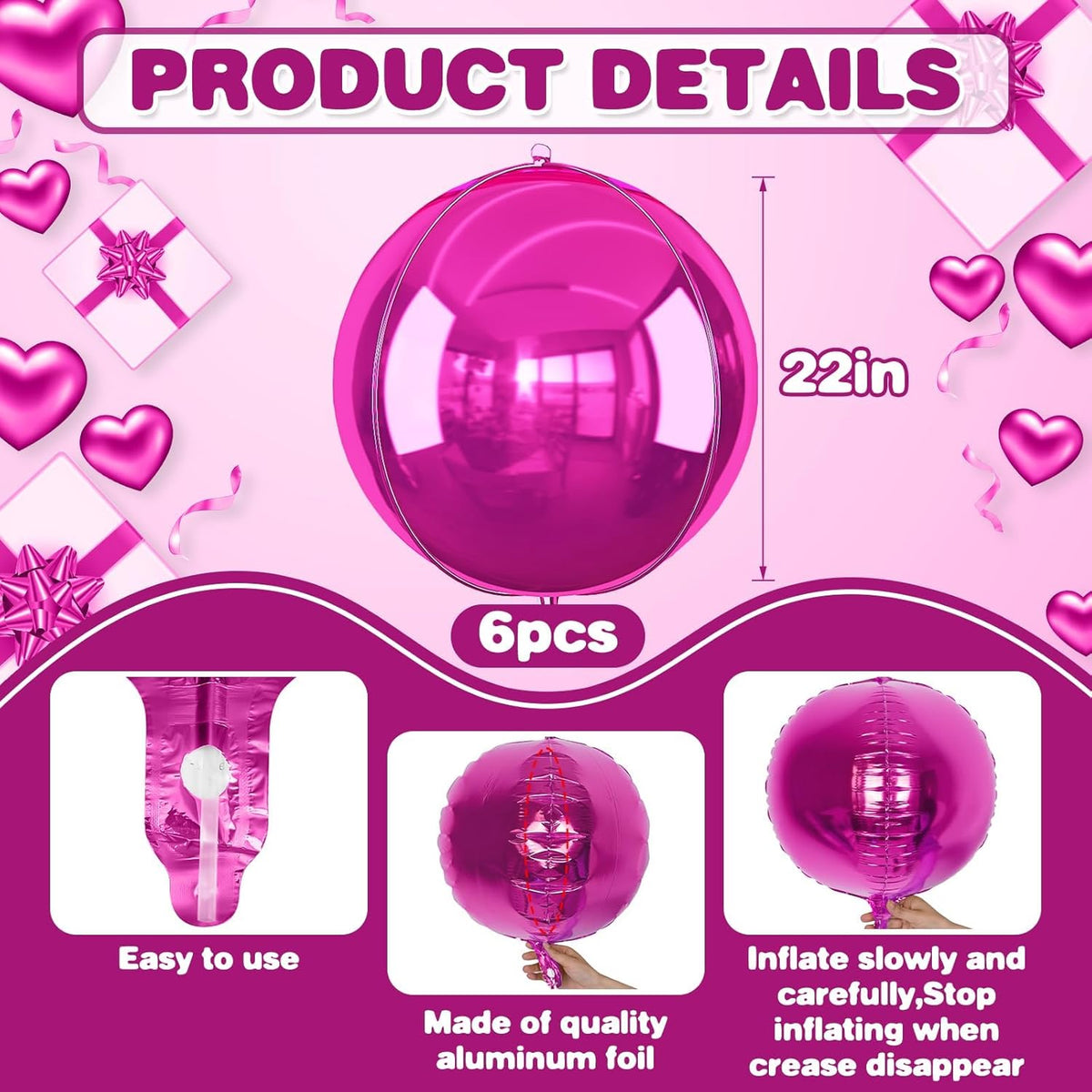 6Pcs Hot Pink Round Foil Balloons,Giant 4D Round Ball Balloon,22 Inch Metallic Hot Pink Balloons