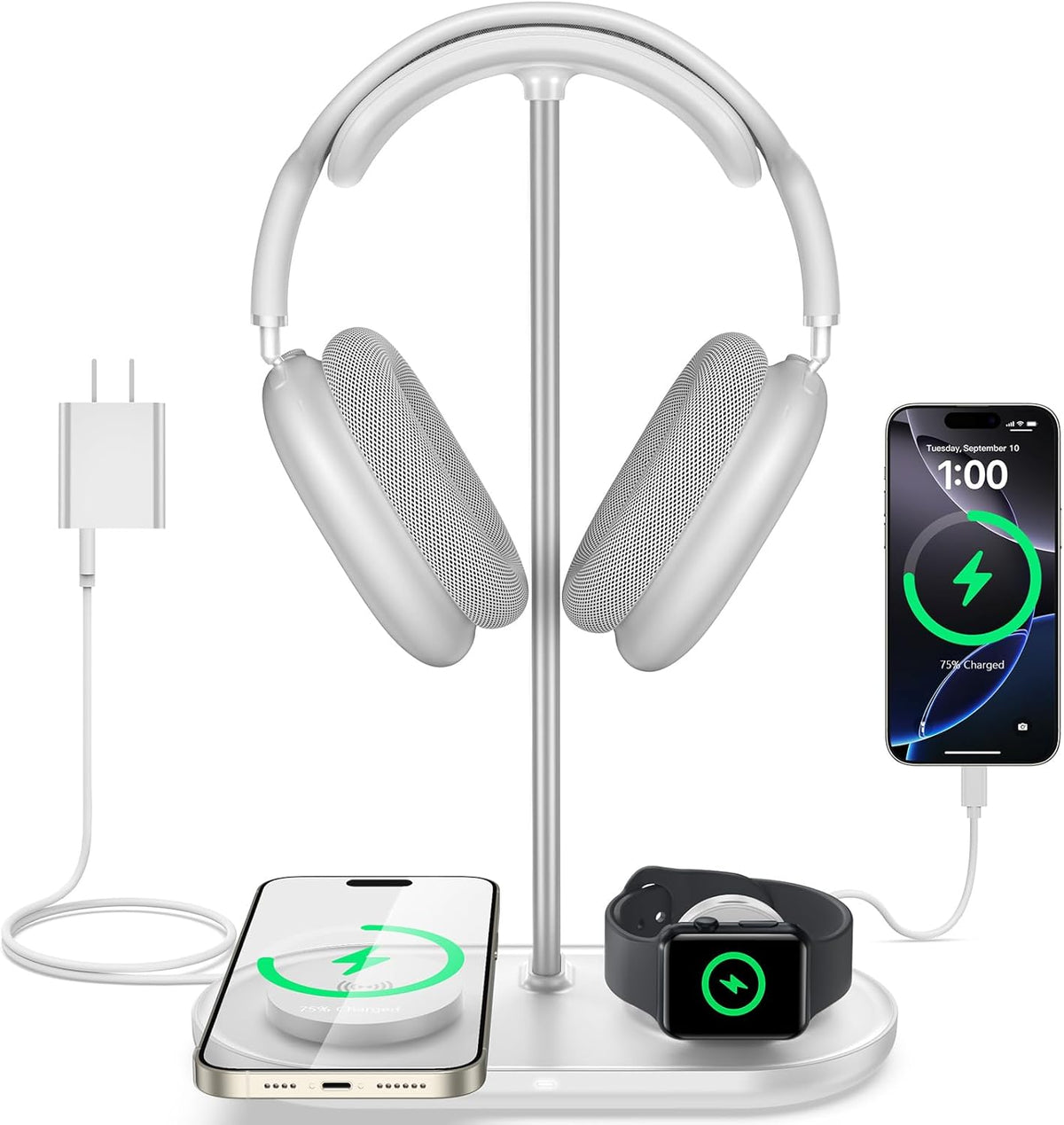 TopMade 5 in 1 Headphone Stand for Desk with Wireless Charger & USB Charging for