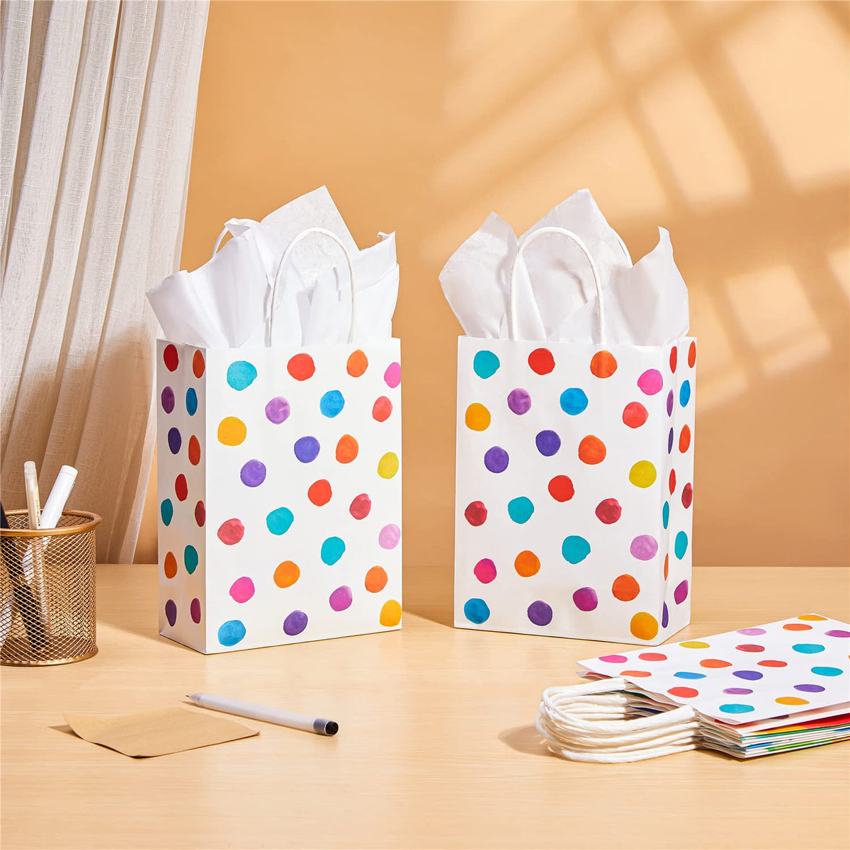SUNCOLOR 24 Pack Small Paper Gift Bags, Colorful Polka Dot Design, 8.7 x 6.3 x 3.15 Inch, with