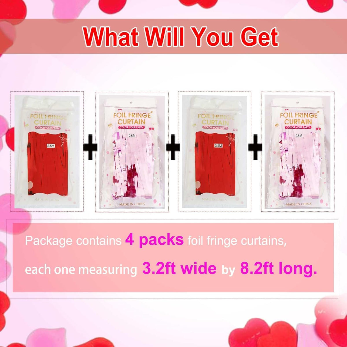 Valentines Backdrop Decorations - 4 Pack of 3.2x8.2ft Red Pink Foil Fringe Curtains Streamers