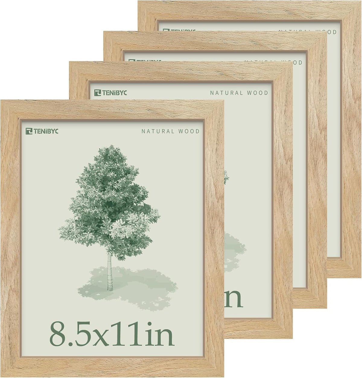 8.5x11 Picture Frame Set - 4 Pack, Natural Solid Wood, HD Tempered Glass, Elegant Wood Grain Photo