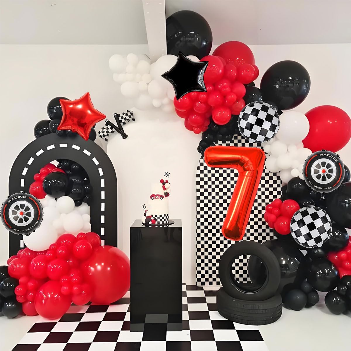 Race Car Birthday Party Decorations - 40 Inch Mylar Red Number 7 Balloons - Black Foil Checkered