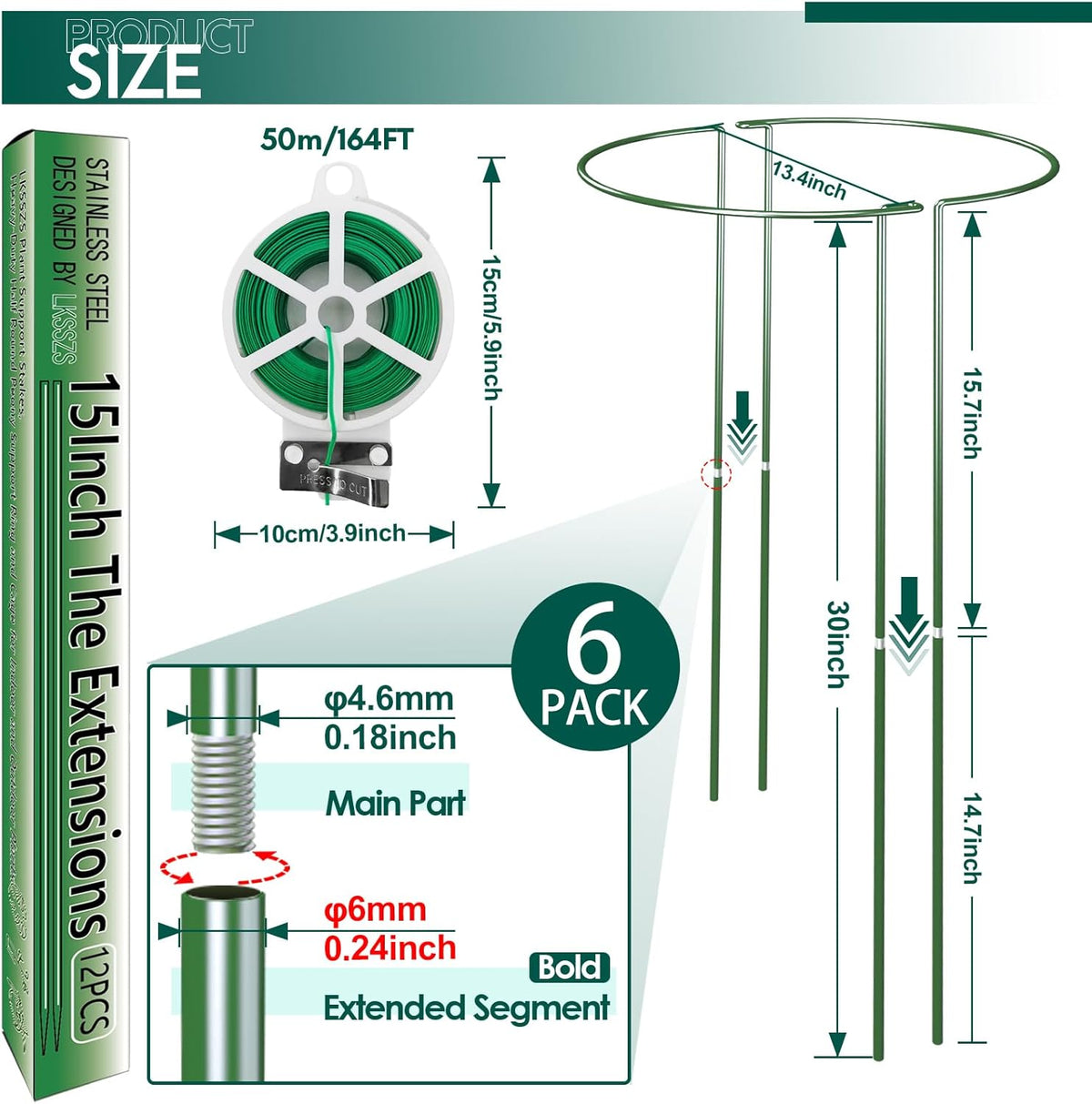 6 Pack 30 inch Plant Support Stakes, Heavy-Duty Half Round Peony Support, Garden Plant Stakes Cage