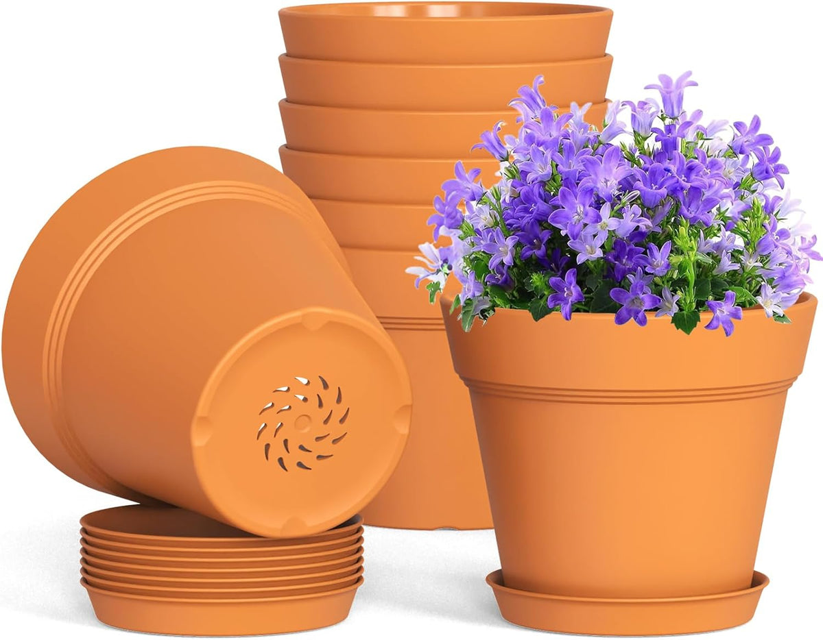 4 Inch Plastic Plant Pots with Drainage Holes and Trays – 8 Pack Small Nursery Pots for Indoor &