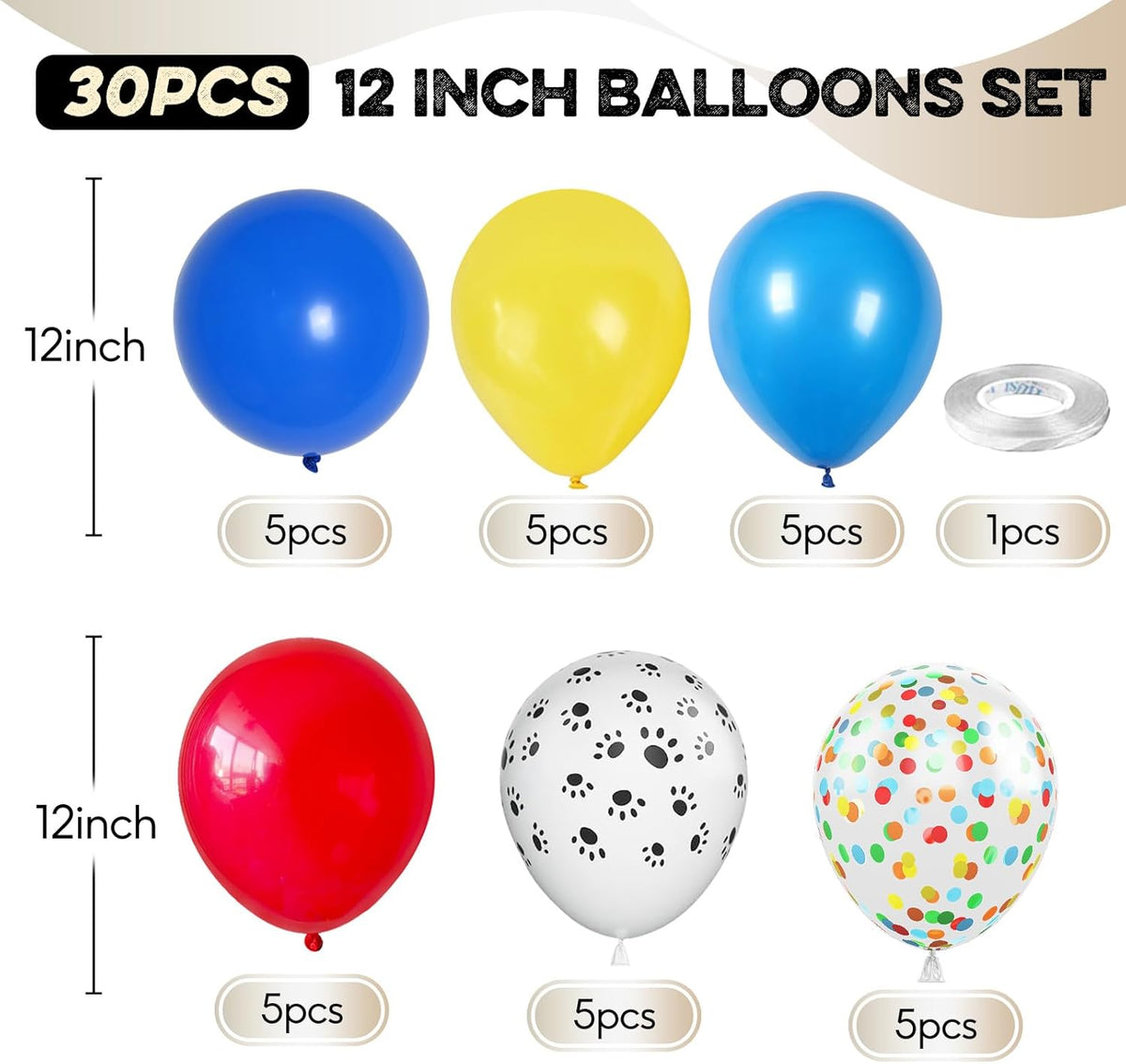 Dog Paw Balloons, 12 Inch Carnival Circus Balloons Red Yellow Blue and White Paw Print Puppy