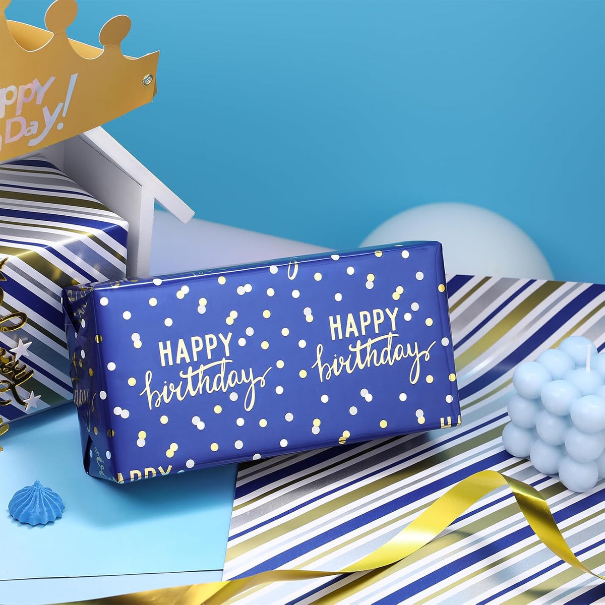 LeZakaa Reversible Blue Birthday Wrapping Paper Roll for Boys Men, Happy Birthday Lettering &