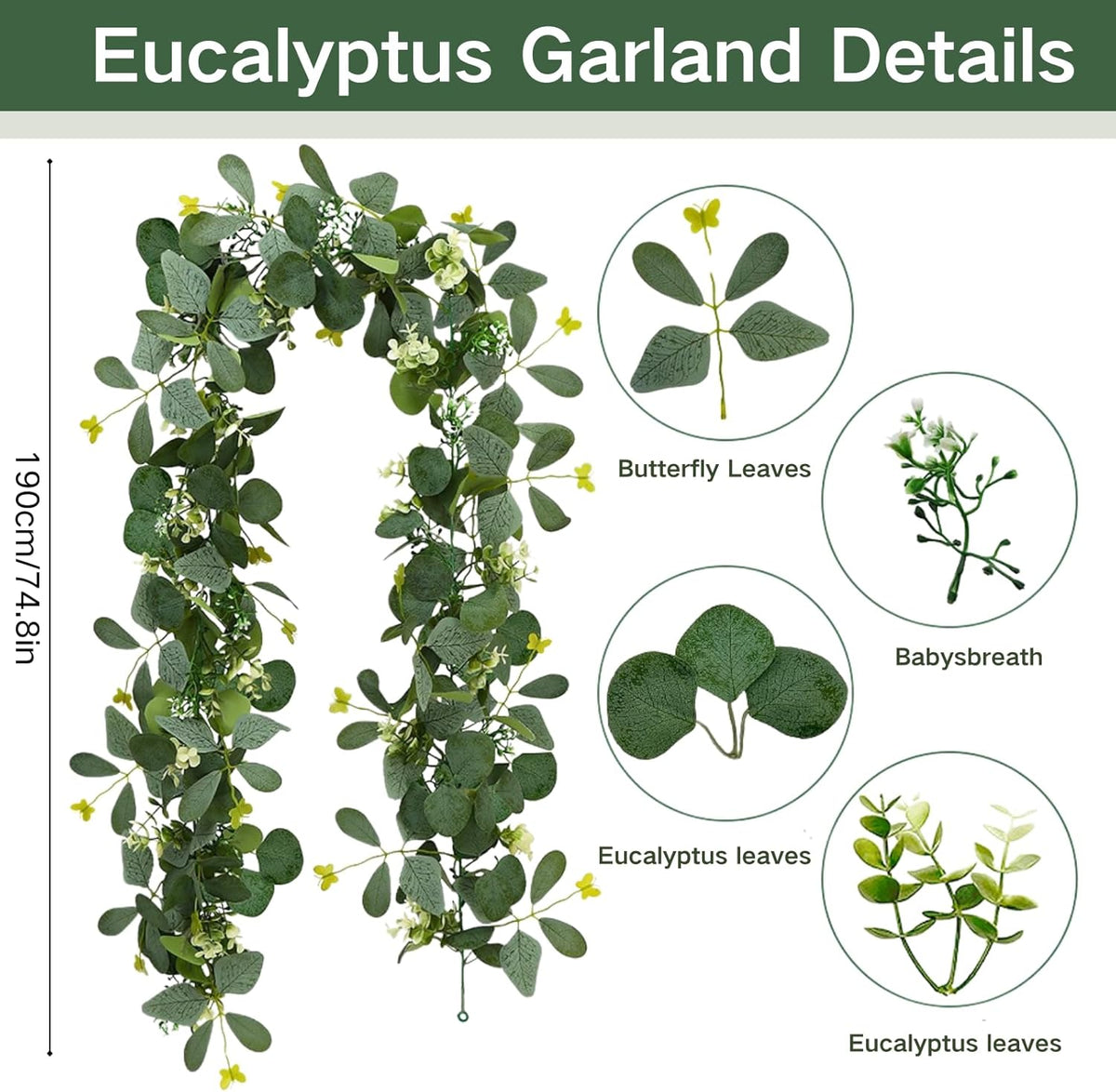 ASTRYAS 2 Pack 6.23Ft Artificial Eucalyptus Garland with Flowers, Fake Rose Garland Greenery