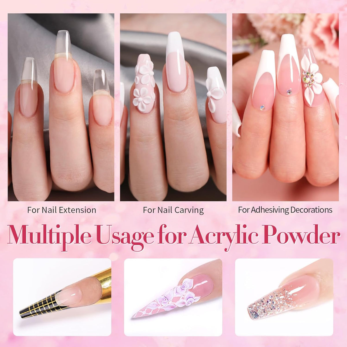 BORN PRETTY Acrylic Nail Kit - Acrylic Powder (Clear, White, Pink) & Liquid Set with Nail Forms