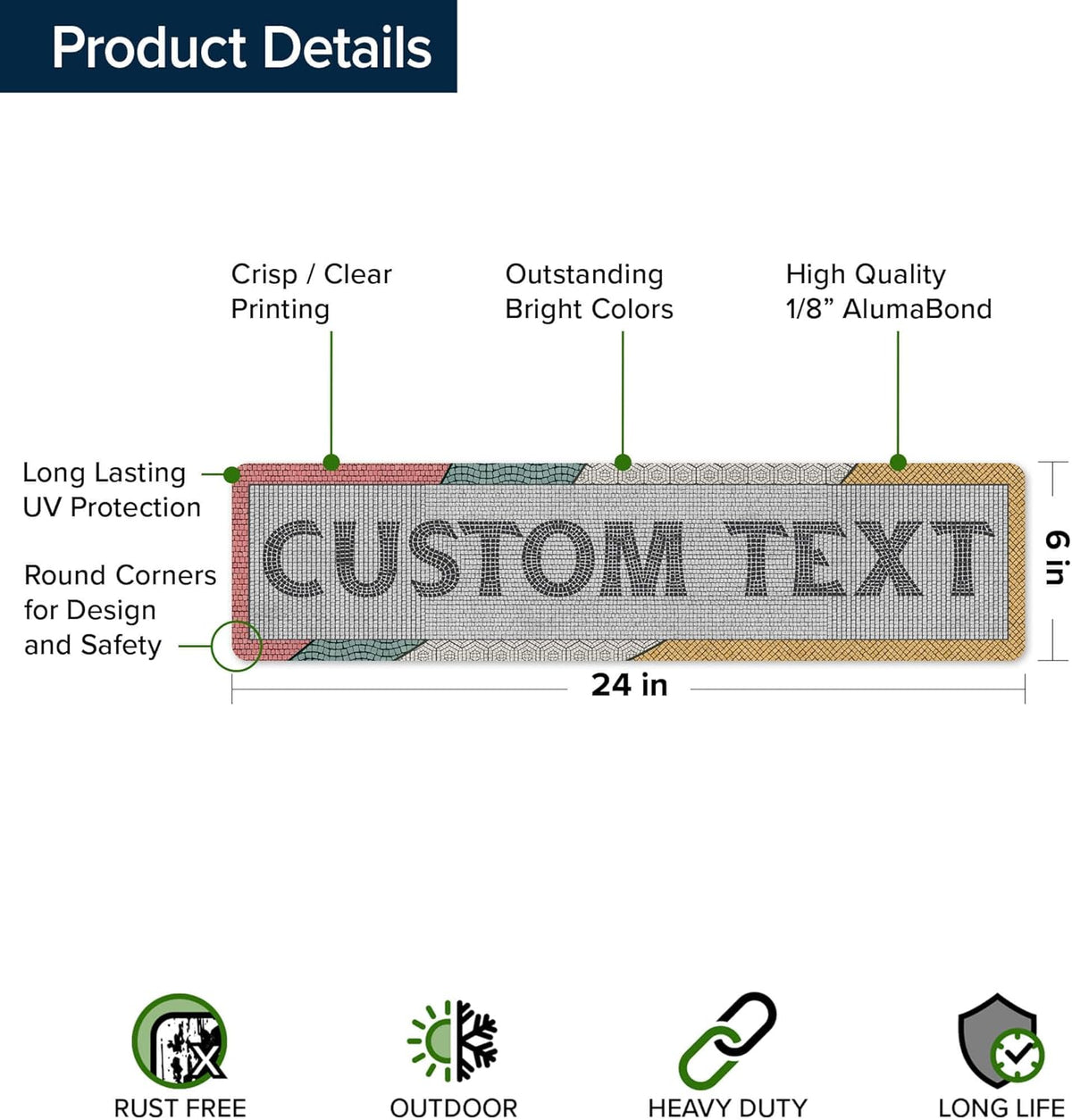 Custom Sign, Custom Street Sign, 11 Font Colors, 13 Font Styles, 4 Hole Options, 22 Sizes, 6x24