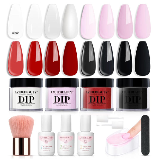 AZUREBEAUTY Dip Nails Powder Starter Kit, 4 Colors Pink Red Black Clear Dipping Powder System