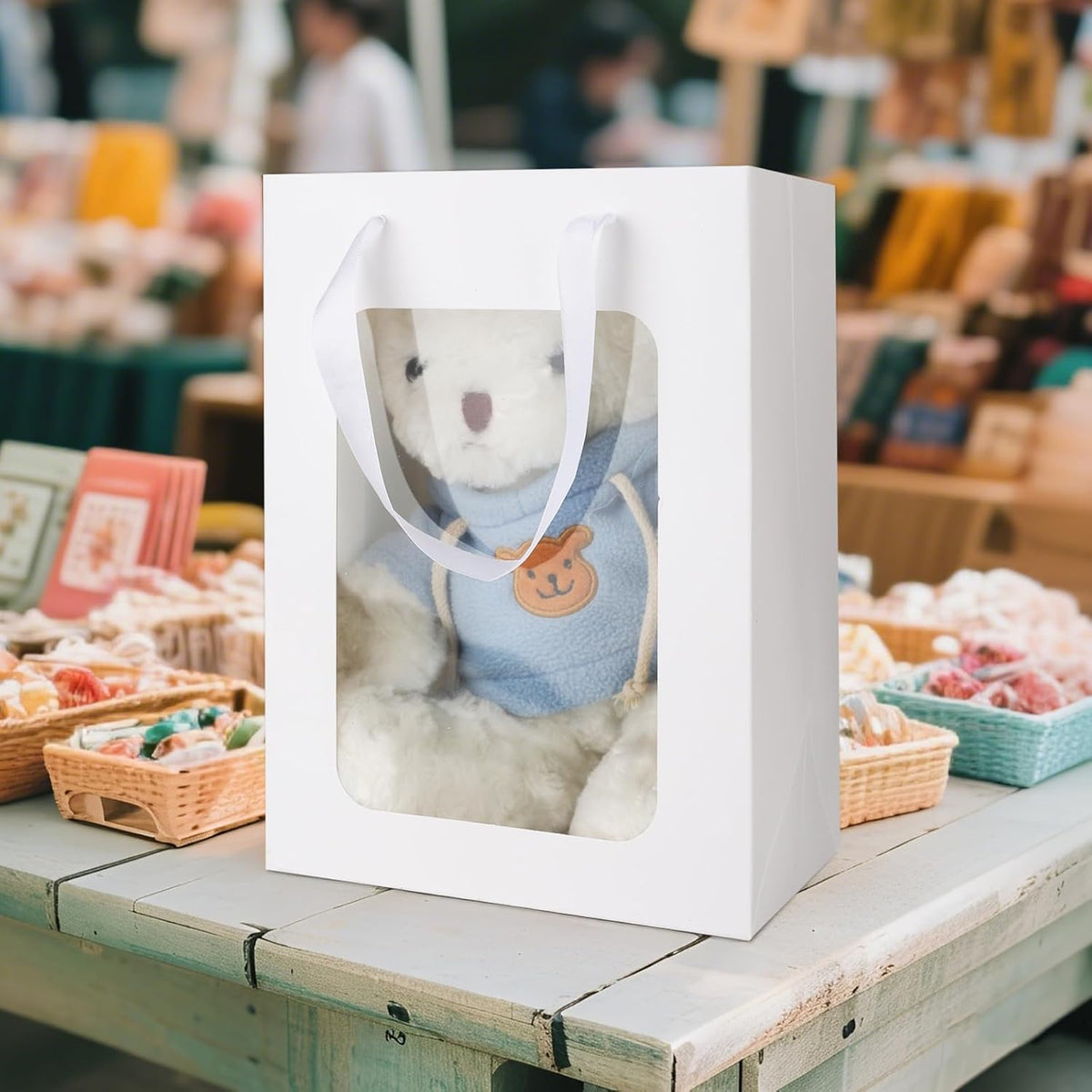 MOXARYSU 3 Pcs White Gift Bags with Clear Window: 9.8x5.1x7.1 Inch Medium Kraft Paper Bags with