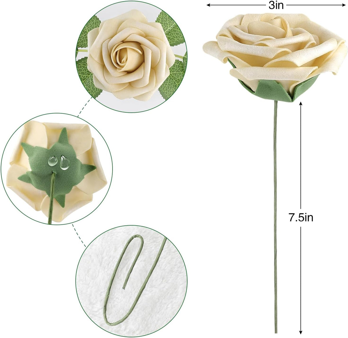 AmyHomie 25pcs Real Looking Artificial Beige Roses w/Stem for DIY Wedding Bouquets Centerpieces