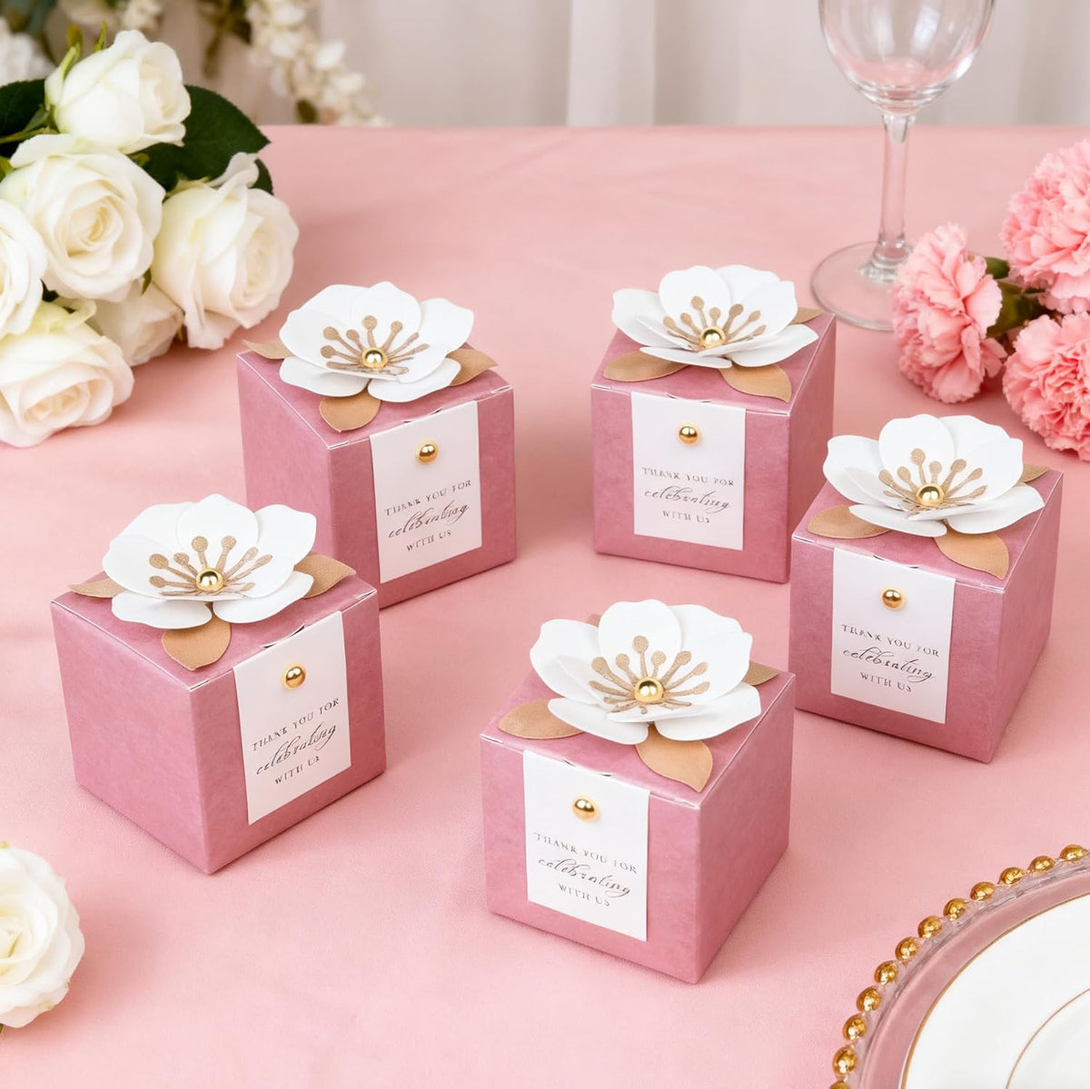 FEIYI 20 PCS Candy Boxes, 3 In 1Dusty Rose Favor Boxes with Floral Decor, White Thank You Tags Gift