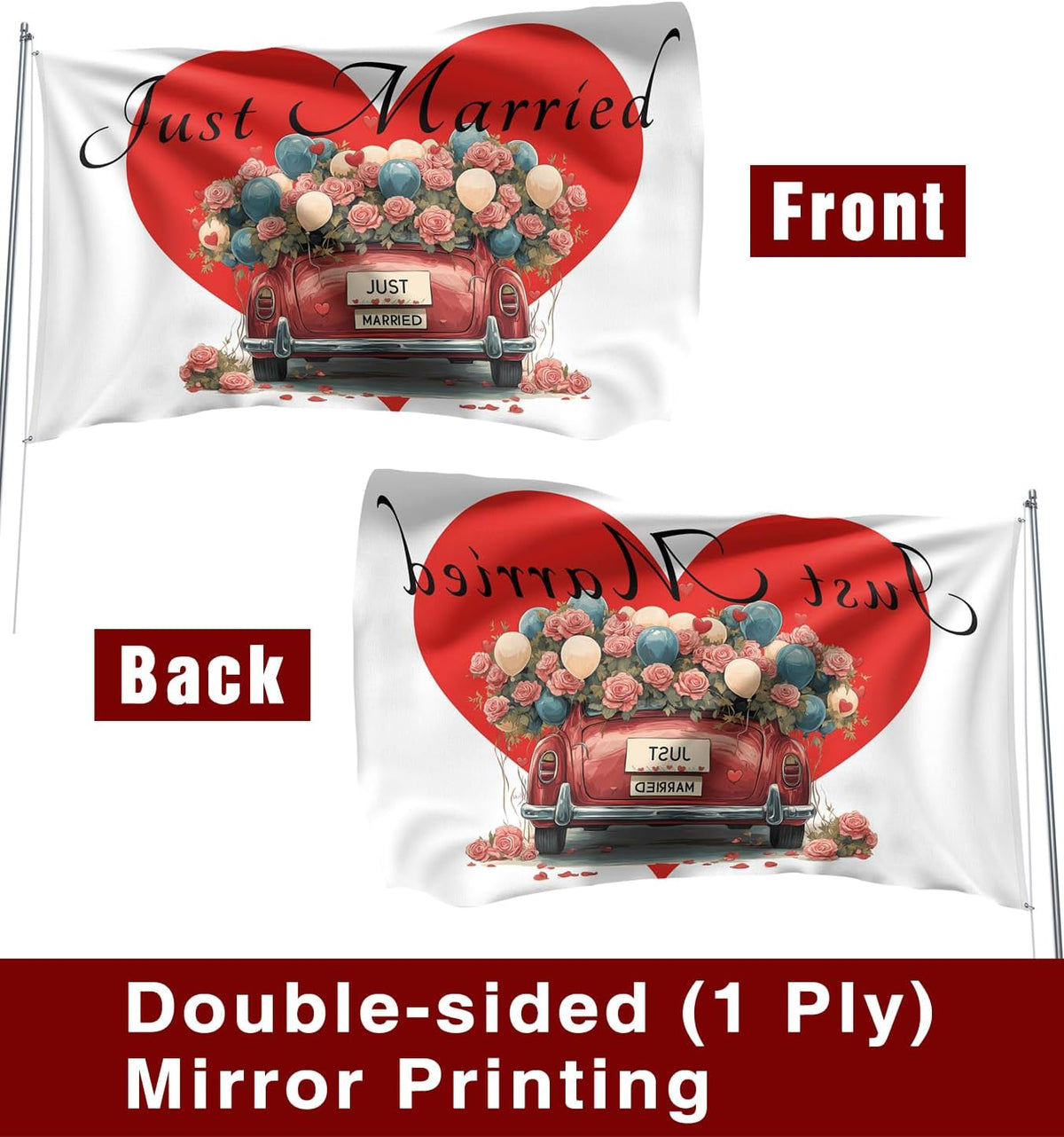 Heart Just Married Flag Banner Outdoor Indoor Decoration Flag 3x5 FT Double Stitched Polyester with
