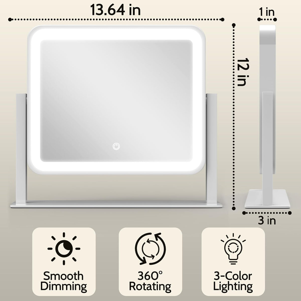 14"x12"Vanity Mirror, Lighted Makeup Mirror for Vanity Desk, Smart Touch Control, 360° Rotation