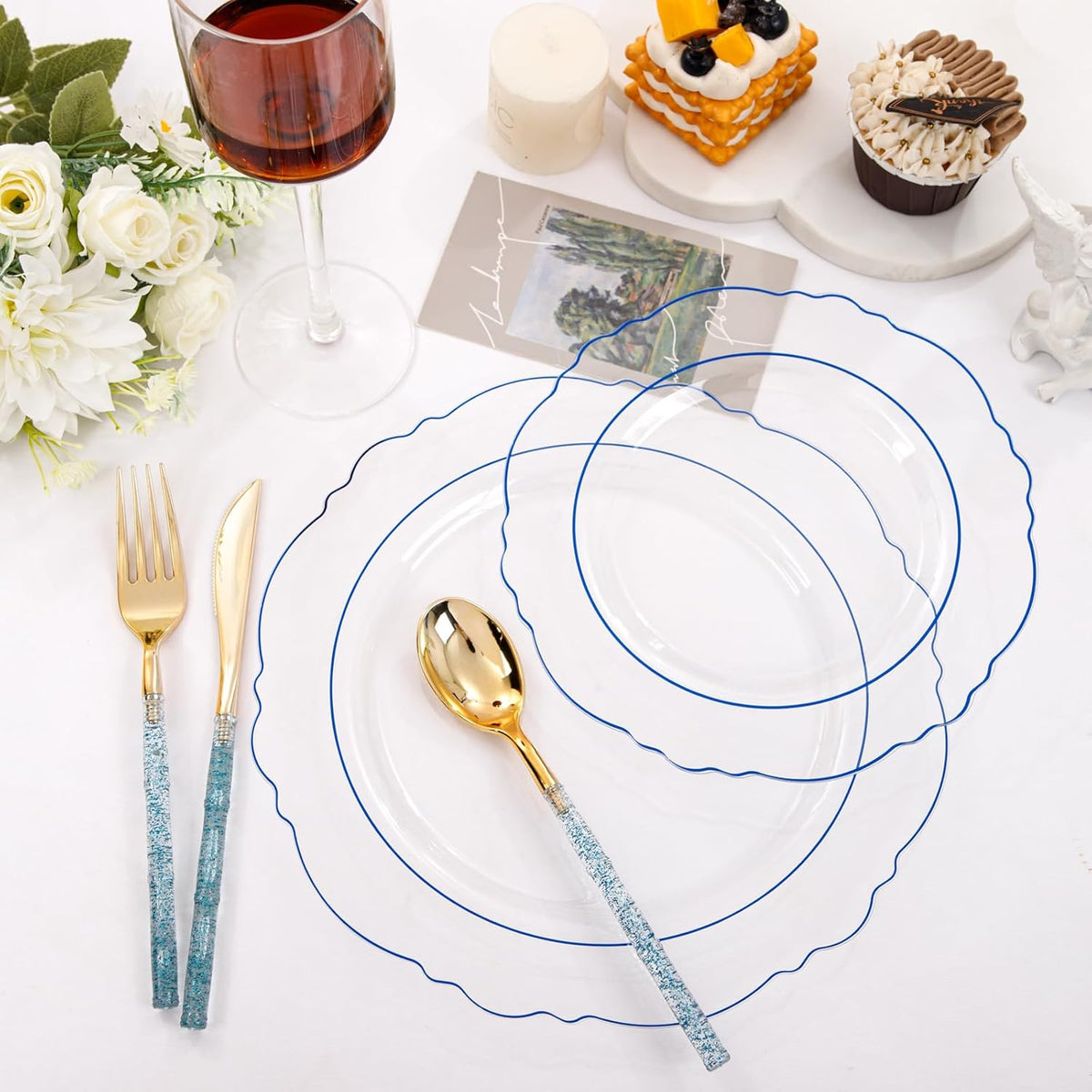 Liacere 150PCS Clear and Blue Plastic Plates-Clear and Blue Disposable Plates with Glitter Bamboo