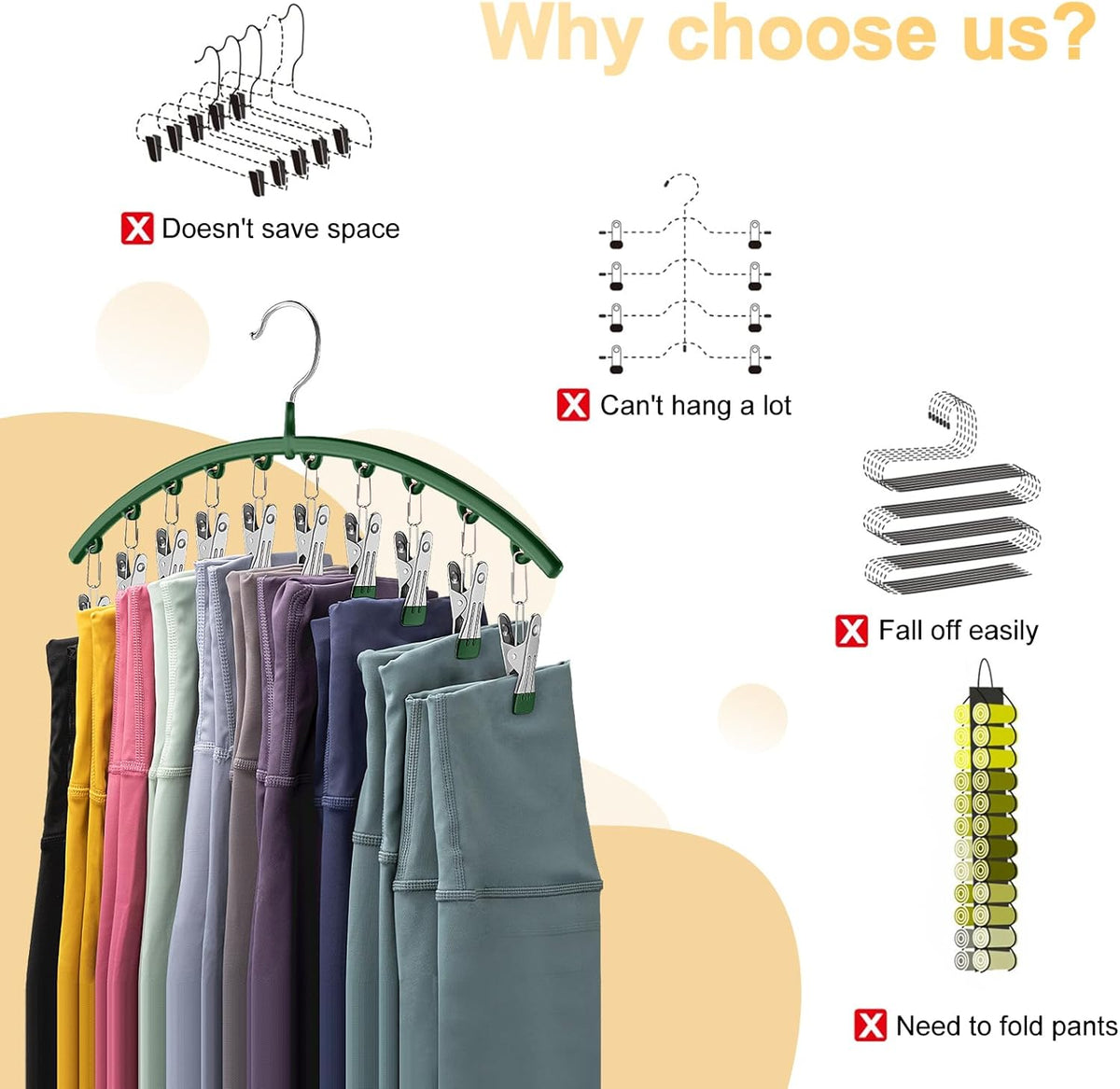 Legging Organizer for Closet, Metal Yoga Pants Hangers 1 Pack w/10 Clips Holds 10 Leggings, Space