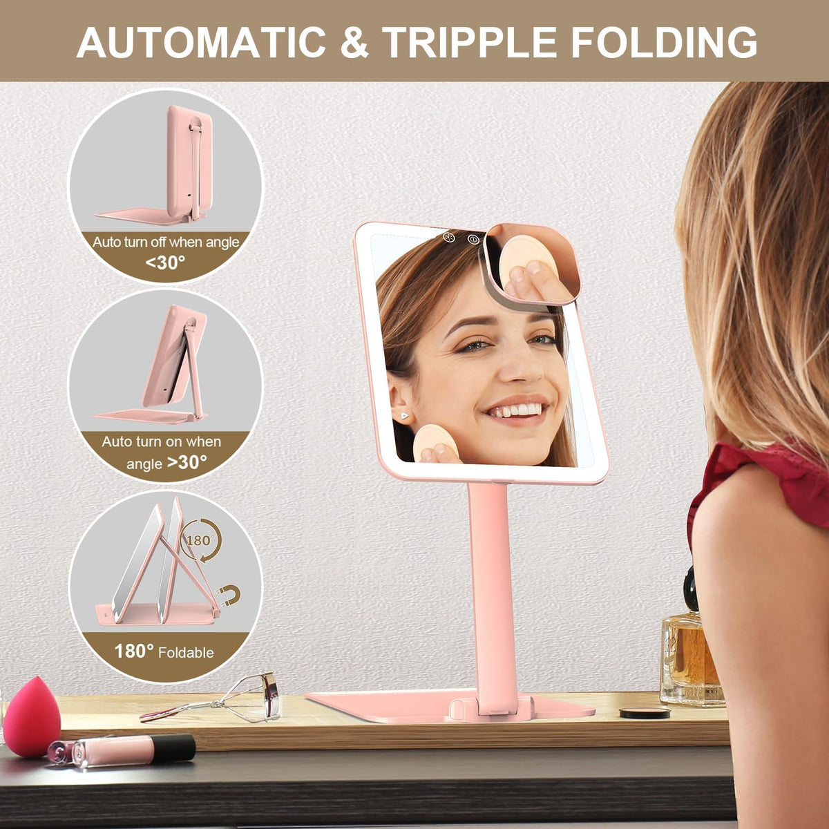 Mocado Travel Makeup Mirror with Light, Tripple Folding Vanity Mirror with Lights, 3 Colors Lighted