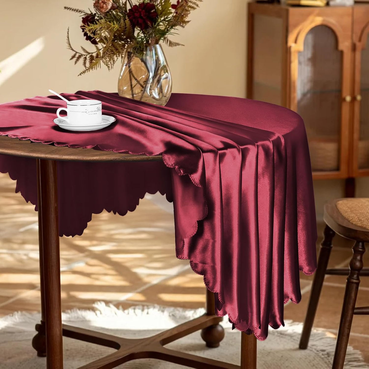 KKJIAF 1 Pack 60 Inch / 5ft Round Table Cloth, Burgundy Overlay Round Satin Table Cover, Silky
