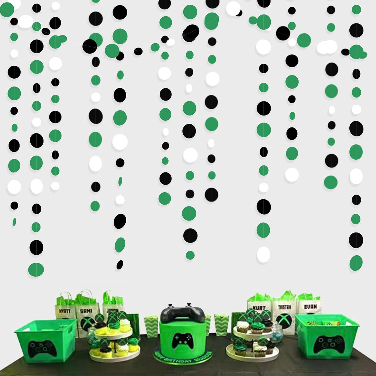 46 Ft Black Green Party Decorations Polka Dots Garlands Green and Black White Hanging Paper Circle