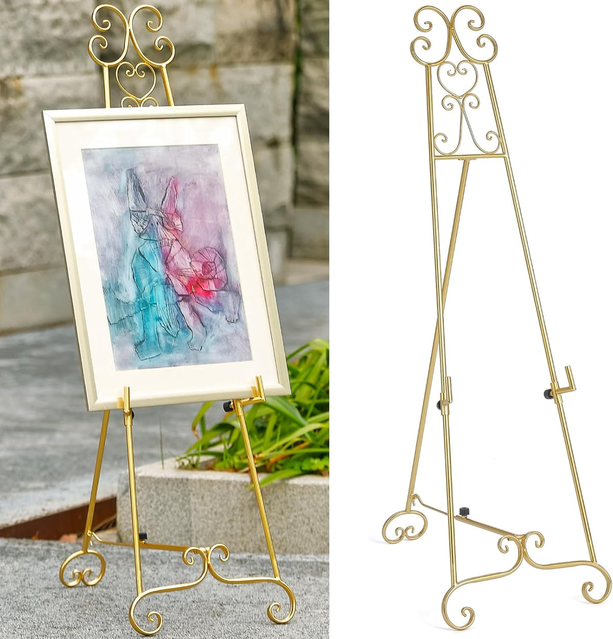 Metal Large Free Standing Adjustable Display Stand Scroll Easel with Chain Support, Gold Easel