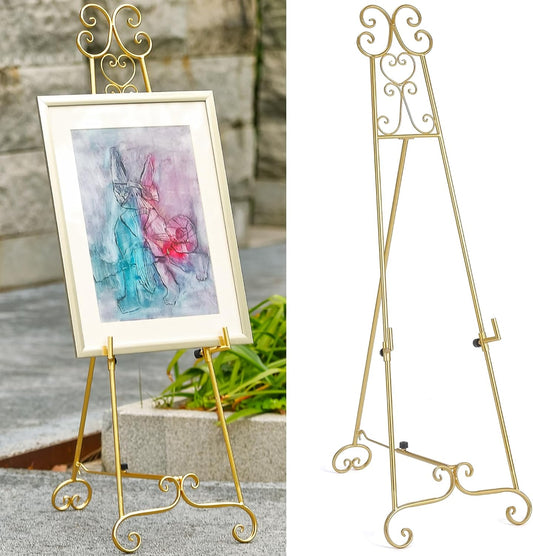 Metal Large Free Standing Adjustable Display Stand Scroll Easel with Chain Support, Gold Easel