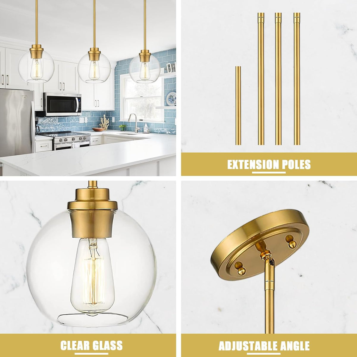Pendant Lights Kitchen Island, Modern Gold Pendant Light with Clear Glass, 7 Inch Farmhouse Hanging