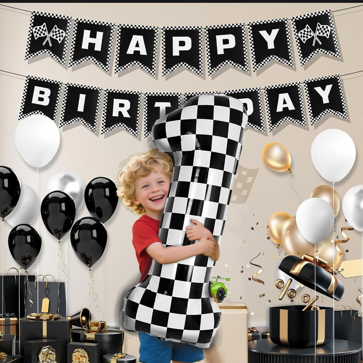 40 Inch Checkered Number Balloon - Race Flag Pattern Big Helium Balloon for Birthday Party