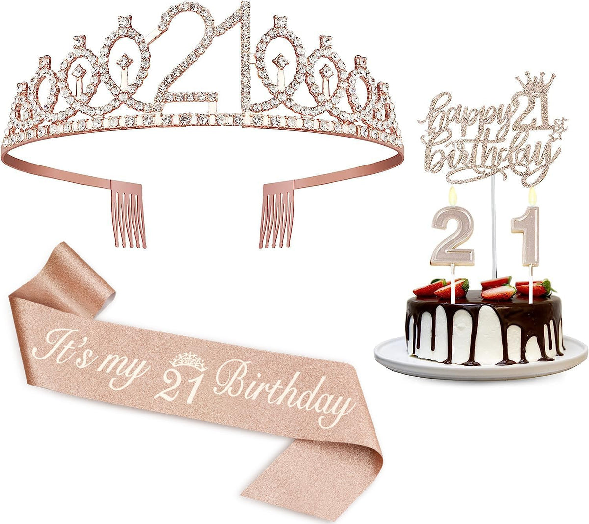 21st Birthday Decorations for Her, Including 21st Birthday Sash and Tiara, Cake Topper, Candles, 21