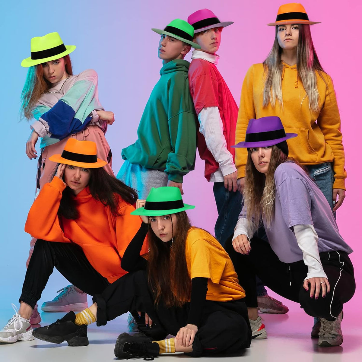 48 Pieces Neon Mafia Style Party Hats - Bright Dress Hats for Gangster Music Disco Birthday, Photo