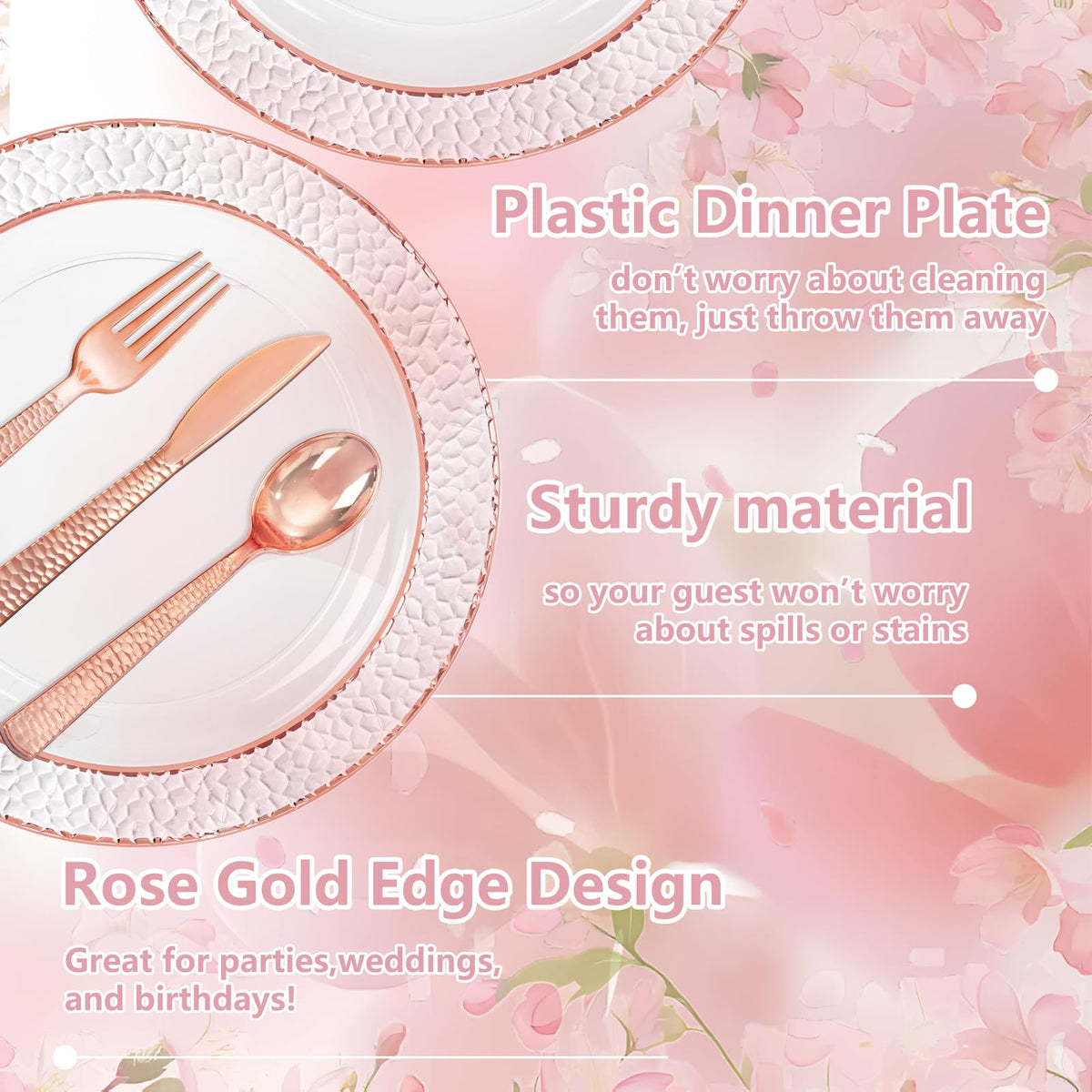 Ciaell 150PCS Rose Gold Plastic Plates – Disposable Plates with Rose Gold Plastic Silverware