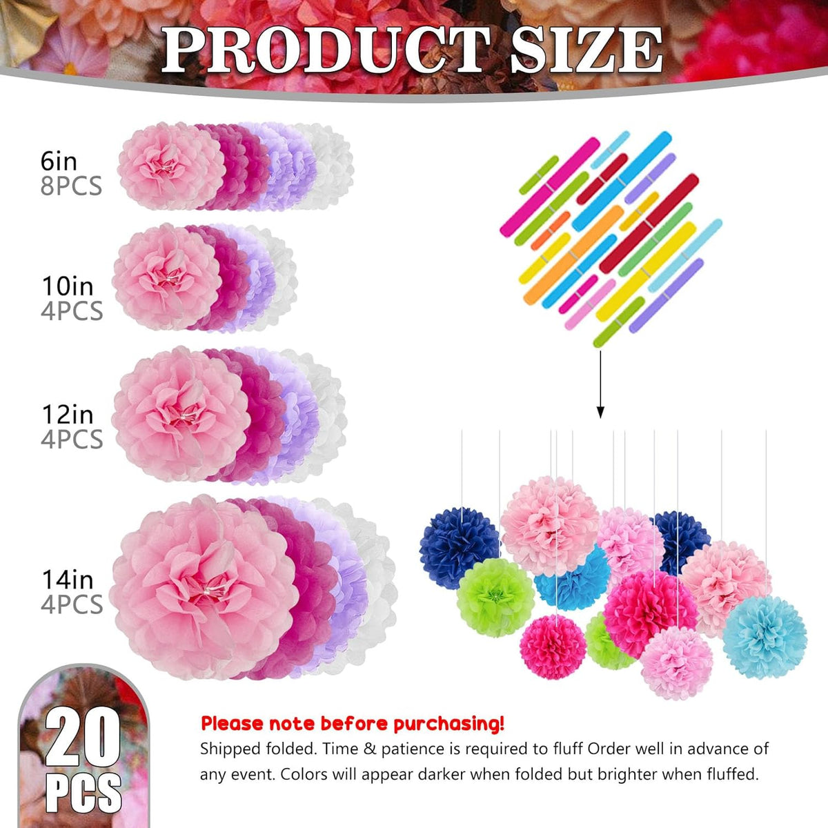 Tissue Paper Pom Poms, Purple Pink White Tissue Paper Flowers, Hanging Flower Balls for Weddings