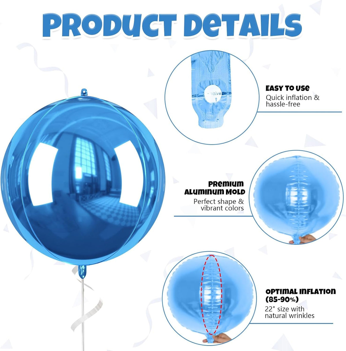 Blue Gold Giant 4D Foil Balloons, 6 Pcs Large Metallic Blue and Gold Round Balloons, 22 Inch Big