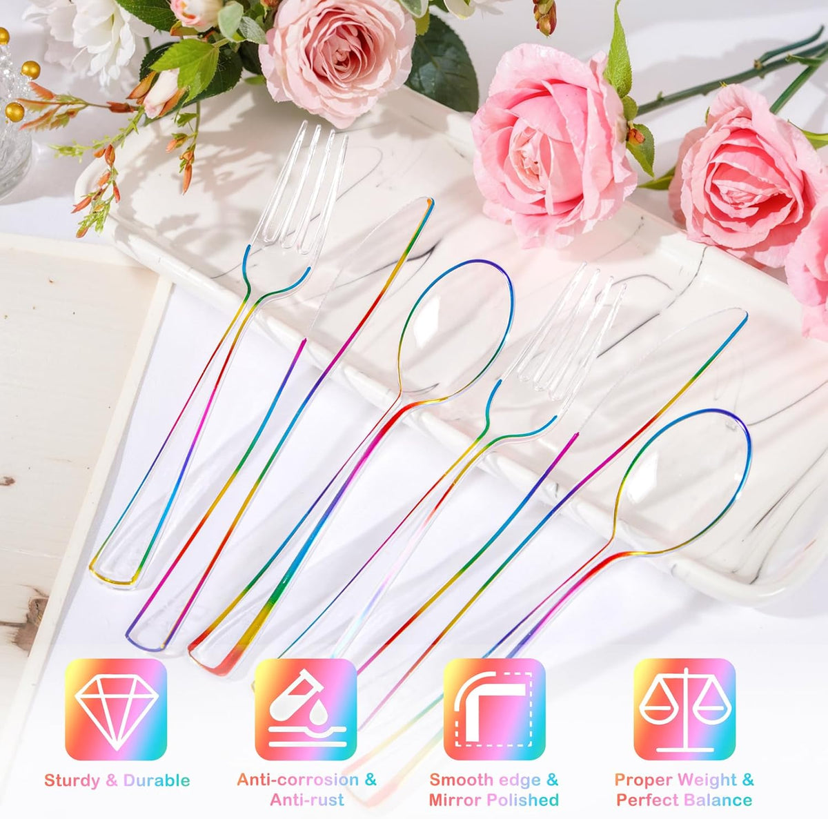 Supernal 120 PCS Clear Plastic Silverware Heavy Duty - Disposable Utensils Rainbow Colorful
