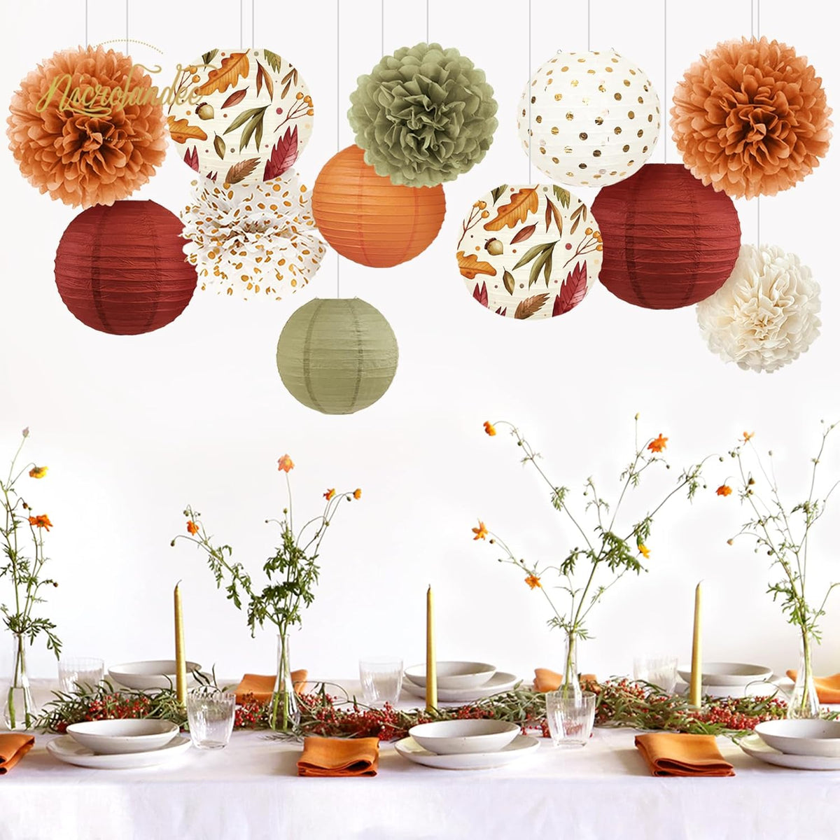 NICROLANDEE Fall Wedding Decorations, 12 PCS Orange Maple Leaf Paper Lanterns Tissue Pom Poms for
