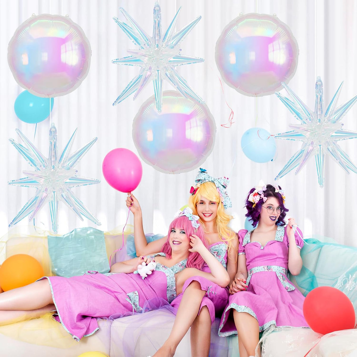 6Pcs Iridescent Foil Balloons, 22in Round Shaped Balloons and Explosion Star Iridescent Balloon