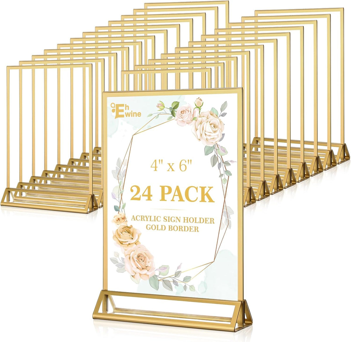EHWINE 24 Pack Acrylic Sign Holder 4 x 6, Double Sided Gold Picture Frame Stand up Table Top Sign