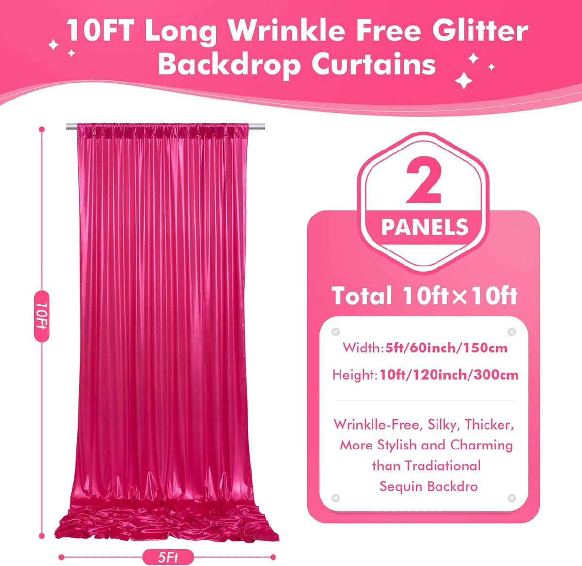 10x10ft Shimmer Hot Pink Sequin Backdrop Curtain for Parties, Thick Wrinkle Free Glitter Fuchsia