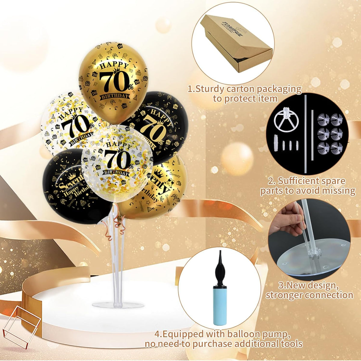TONIFUL 4 Set Black Gold Balloon Stand Kit for Birthday Decorations for 70th,Balloon Centerpieces