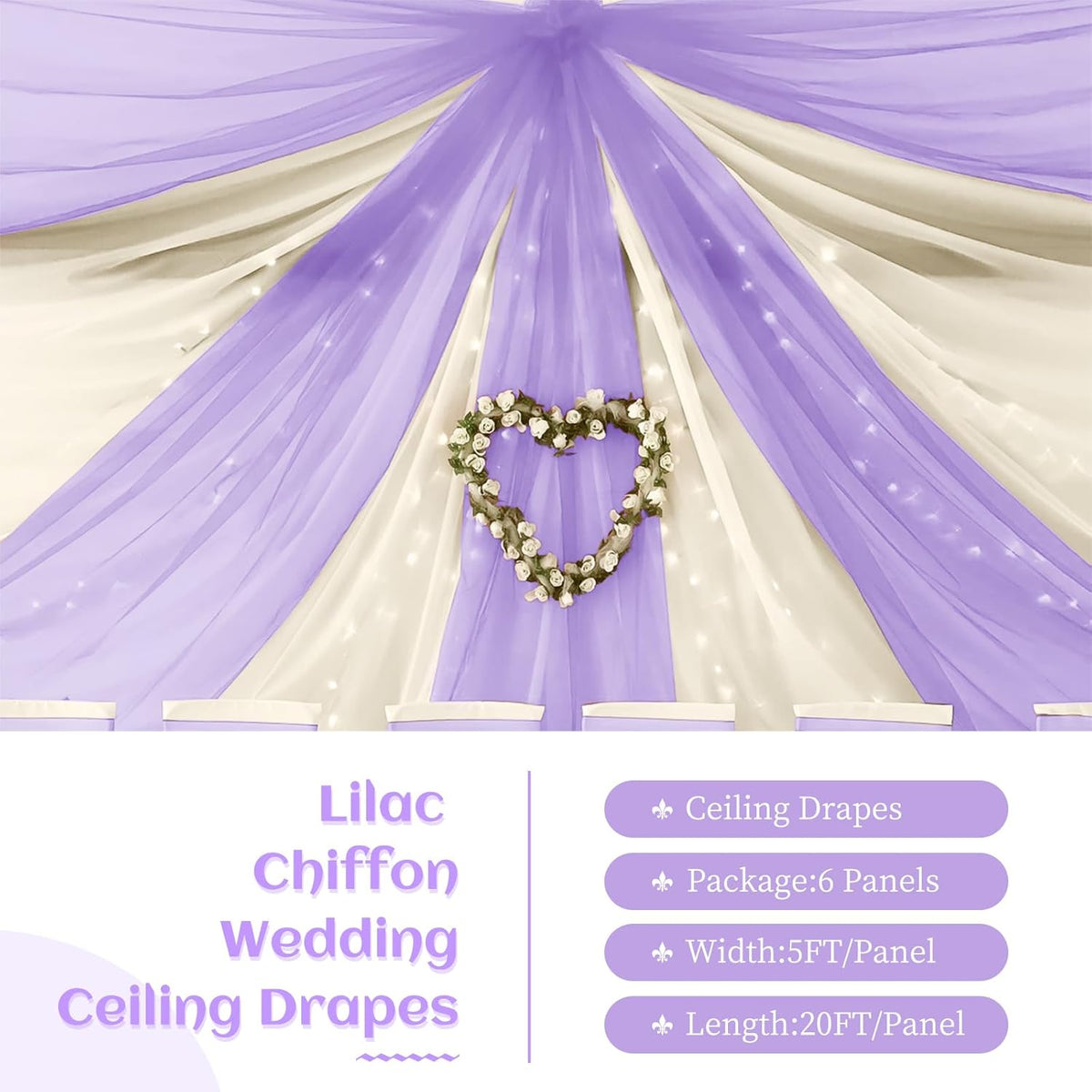 6 Panels Lilac Wedding Ceiling Drapes 5ftx20ft Ceiling Drapes Chiffon Fabric Arch Draping Sheer
