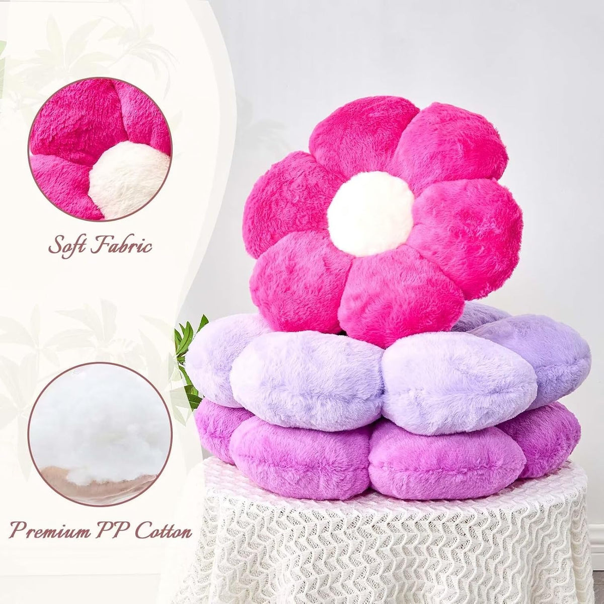 Purple Flower Plush Throw Pillow, Cute Decorative Flower Shaped with Faux Rabbit Fur, 19.6" Soft