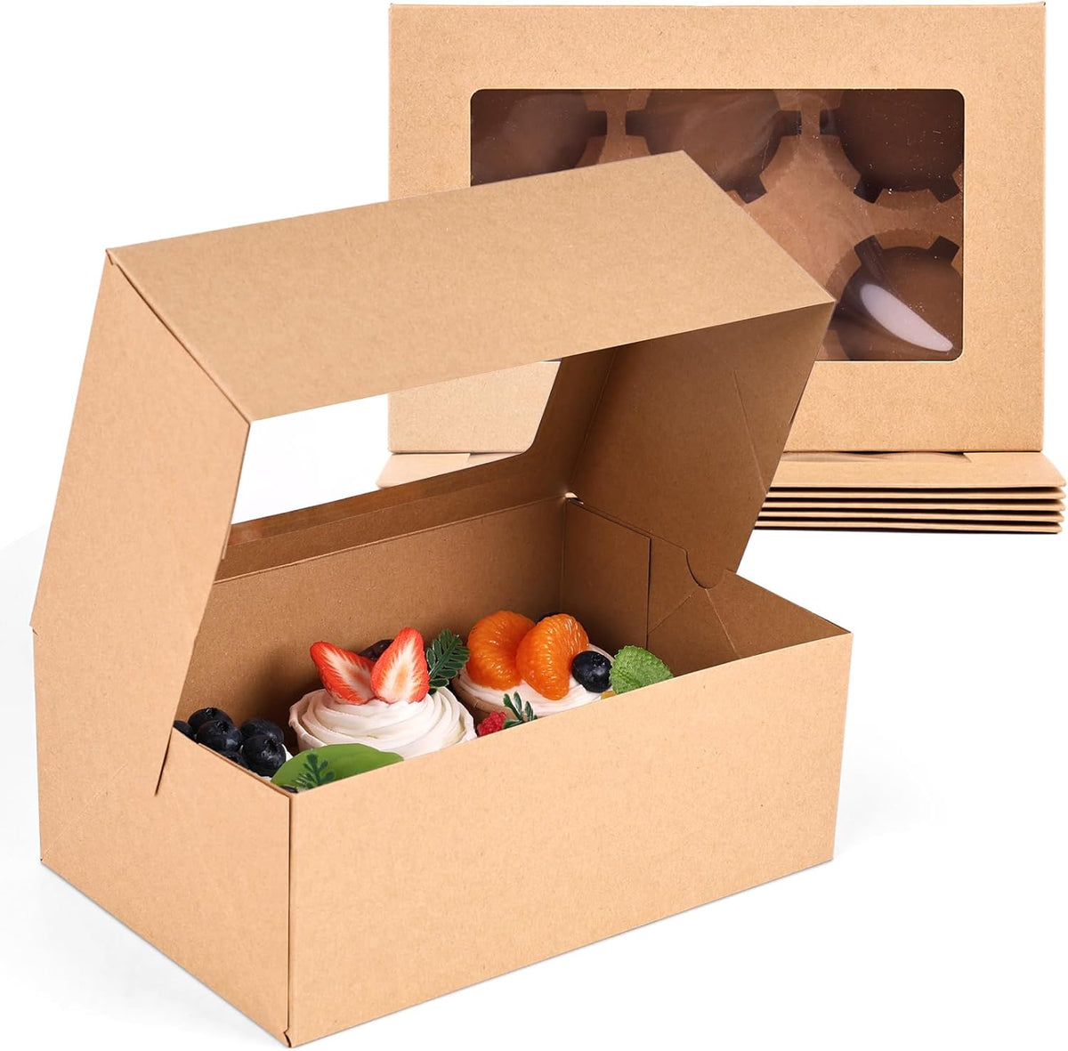 HANSGO 6 PCS Cupcake Boxes, 9.5x6.3x3.5 Inch Cupcake Containers Brown Pastry Boxes with Inserts 6