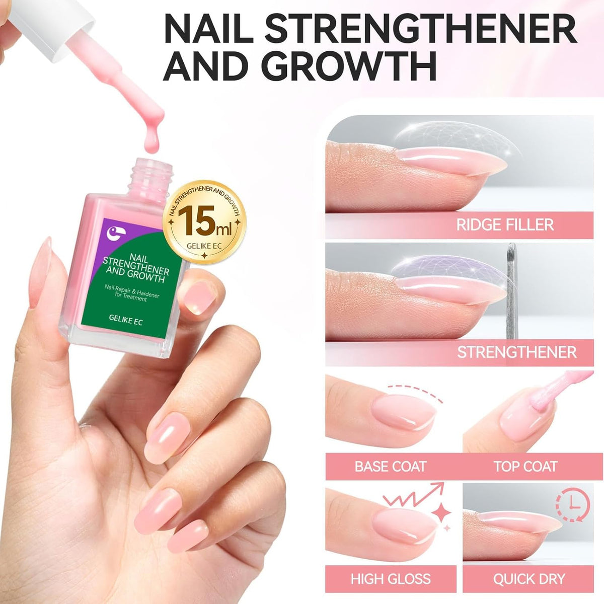 Nail Strengthener Protein for Damaged Nails: Pink 15ml 6 in 1 Natural Nail Hardener Extra Strong