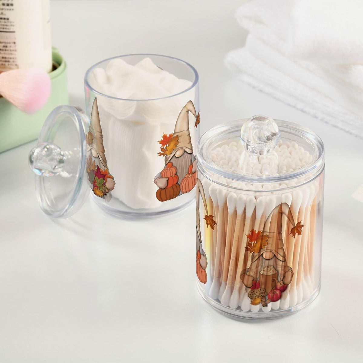 Gredecor 2 Pack Apothecary Jars with Lid Fall Gnome Maple Pumpkins Qtip Holder Dispenser Storage