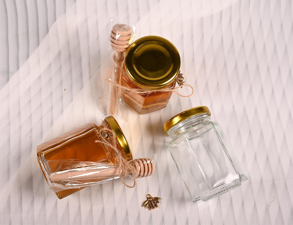 Adabocute 4oz Hexagonal Honey Jars - Glass Honey Jars with Gold Lids, Wooden Dippers, Bee Charms