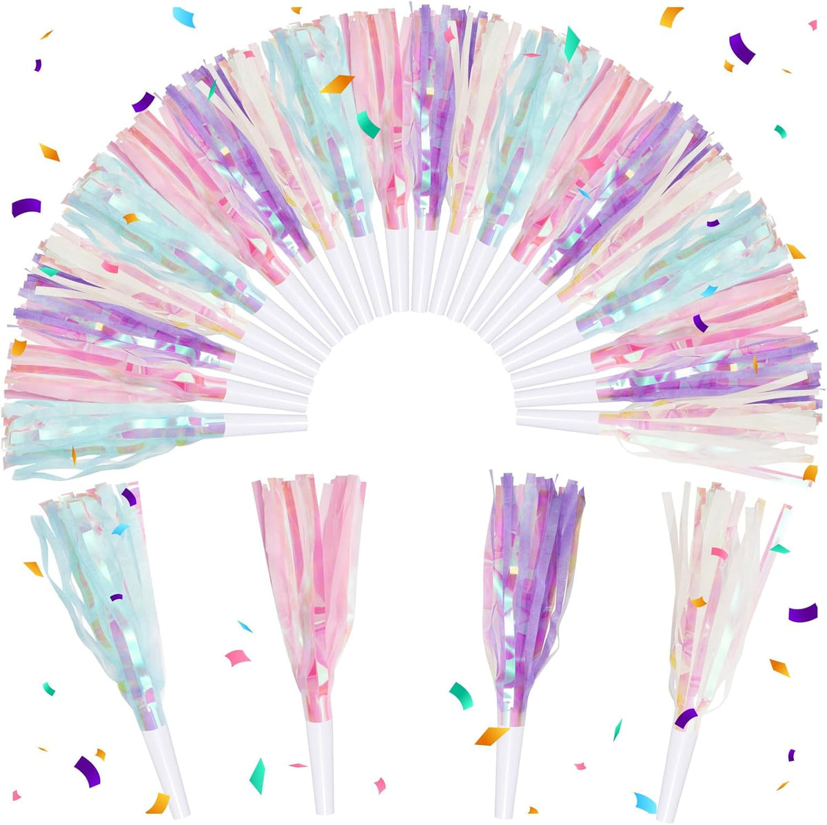 24 pcs Party Blowers, Noise Makers Glitter Metallic Fringed Party Horns for Birthday Blow Horns
