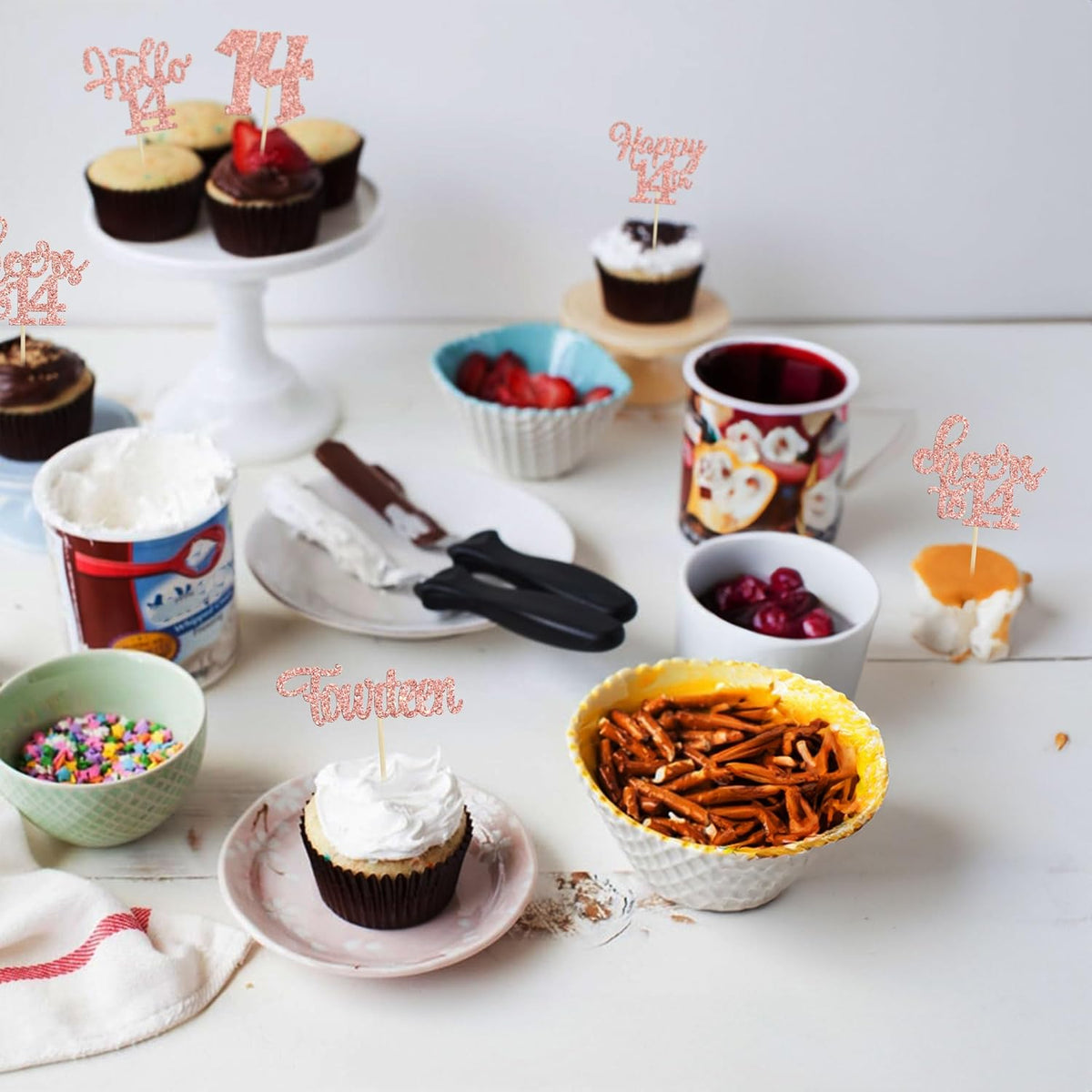 30Pcs 14th Birthday Cupcake Toppers Hello 14 Cupcake Picks Fourteen Cheers to 14 Years Old Cake