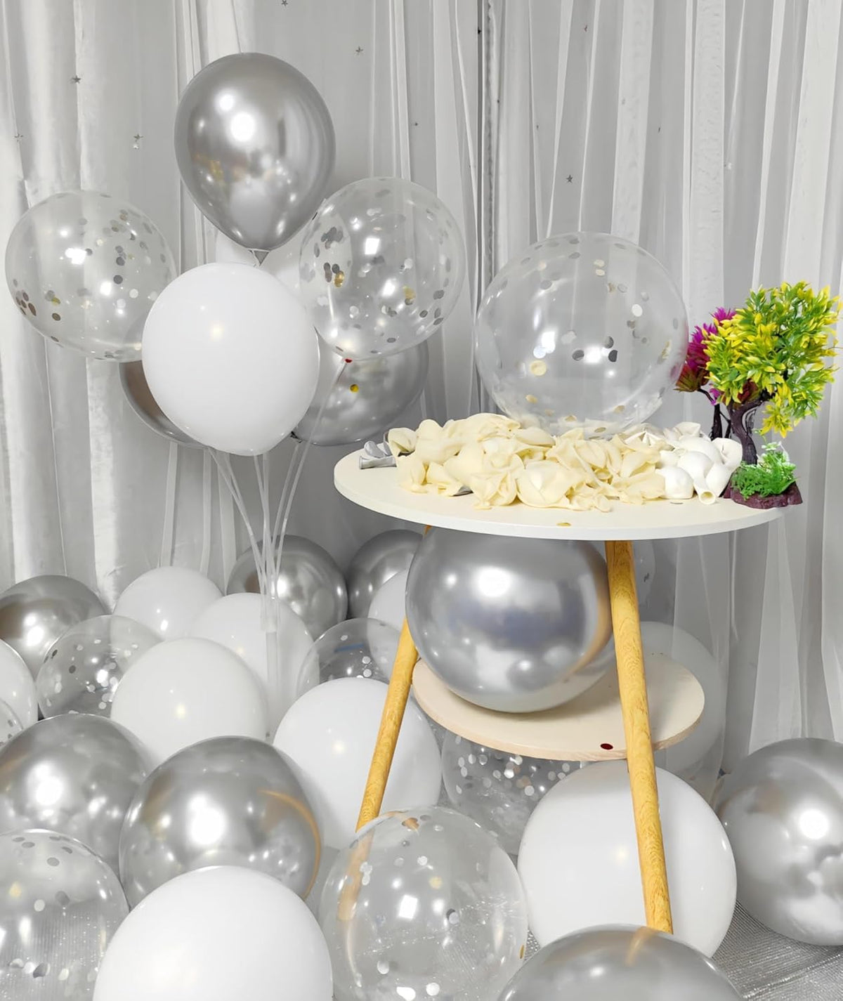 300 Pack White and Silver Balloons 12 Inch Silver Confetti Balloon for Various Party Events